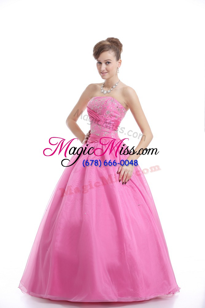 wholesale high end strapless sleeveless 15th birthday dress floor length embroidery rose pink organza