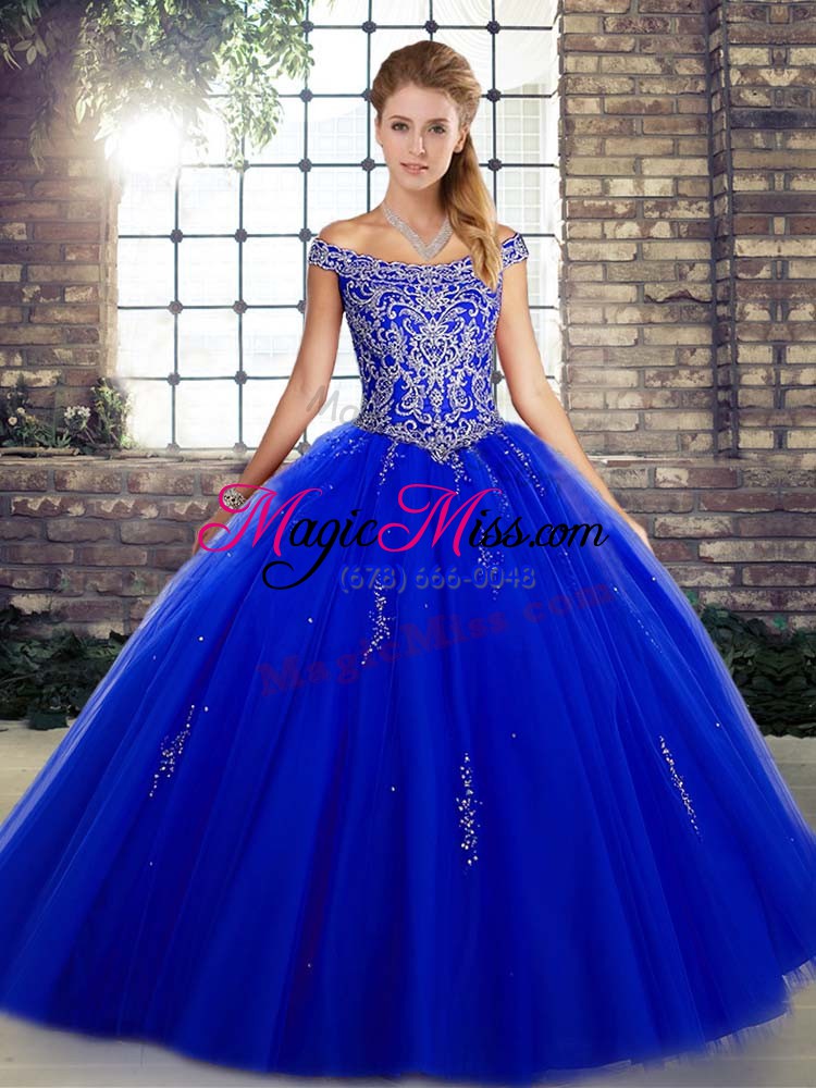 wholesale royal blue ball gowns off the shoulder sleeveless tulle floor length lace up beading sweet 16 dresses