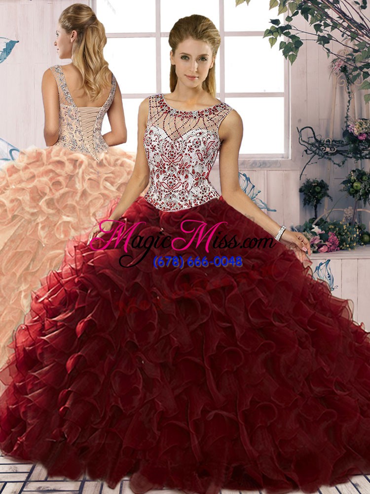 wholesale organza scoop sleeveless lace up beading and ruffles 15 quinceanera dress in burgundy