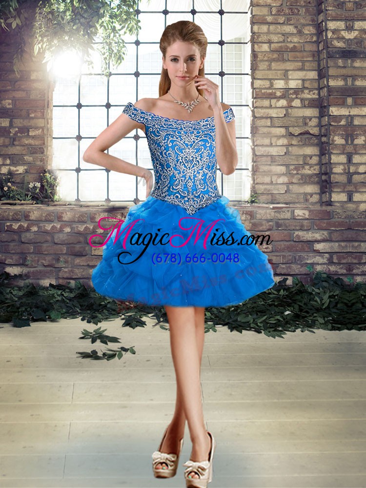 wholesale romantic blue quinceanera gowns military ball and sweet 16 and quinceanera with beading and pick ups off the shoulder sleeveless brush train lace up