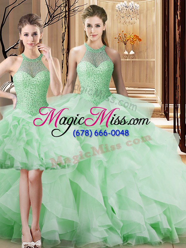 wholesale apple green three pieces beading and ruffles quinceanera dress lace up organza sleeveless