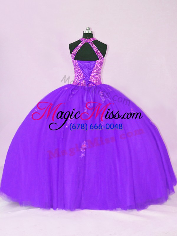 wholesale purple organza lace up halter top sleeveless floor length sweet 16 dresses beading and appliques