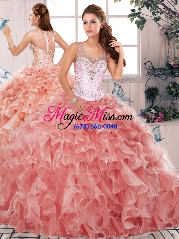 wholesale two pieces quinceanera gowns watermelon red scoop organza sleeveless floor length clasp handle