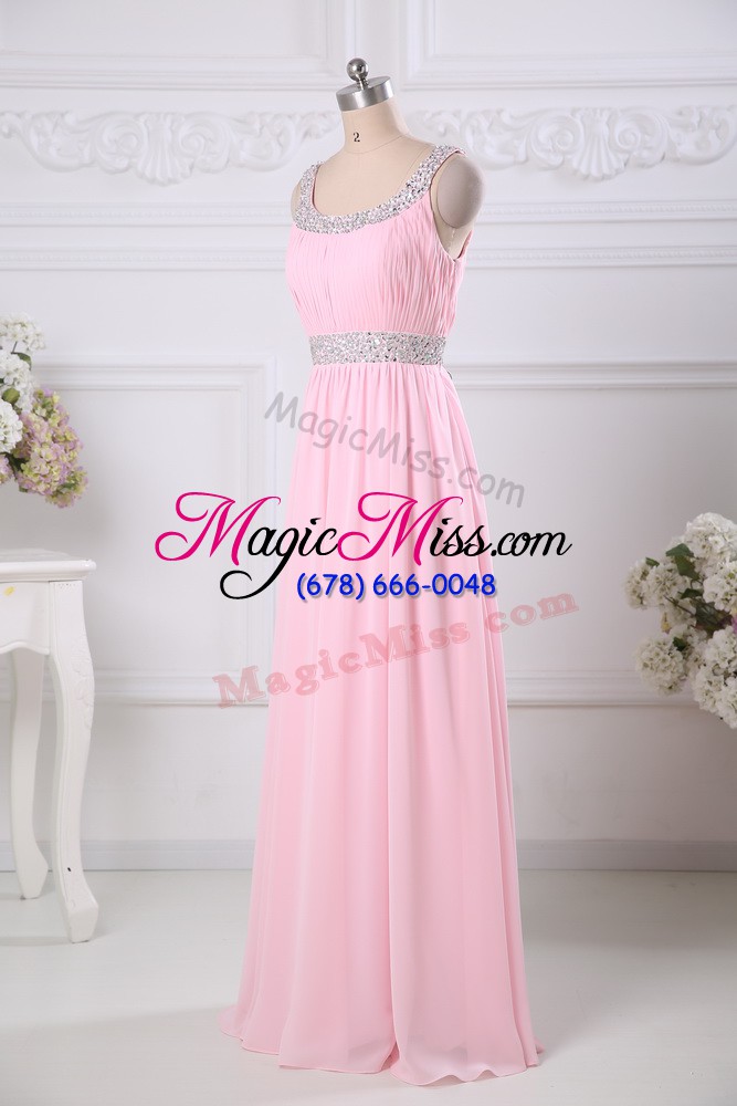 wholesale baby pink empire beading and ruching prom dress side zipper chiffon sleeveless floor length