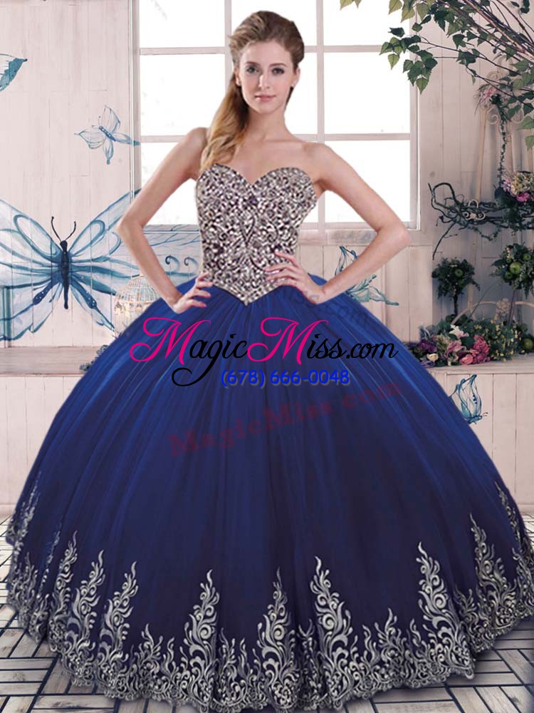 wholesale beautiful sweetheart sleeveless 15th birthday dress floor length beading and embroidery royal blue tulle