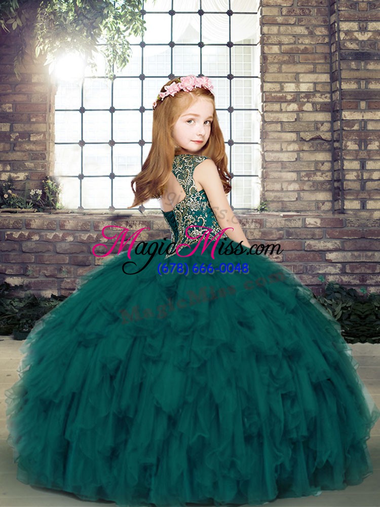 wholesale dazzling teal sleeveless floor length beading and ruffles lace up glitz pageant dress