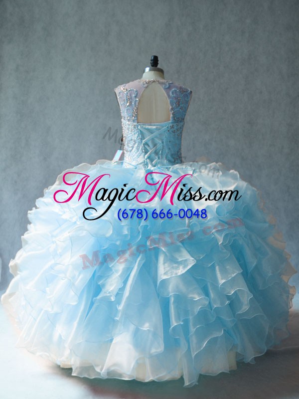 wholesale superior blue ball gowns organza scoop sleeveless beading and ruffles floor length lace up 15 quinceanera dress