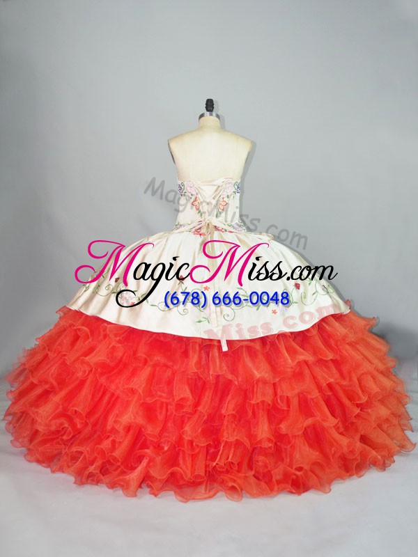 wholesale sleeveless organza floor length lace up quince ball gowns in coral red with embroidery and ruffles