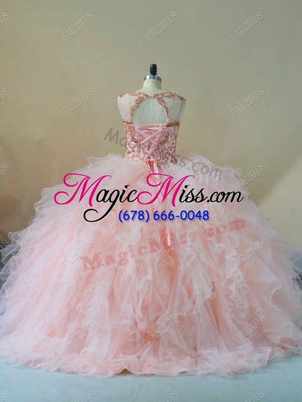 wholesale affordable sleeveless tulle brush train lace up 15 quinceanera dress in pink with beading and ruffles