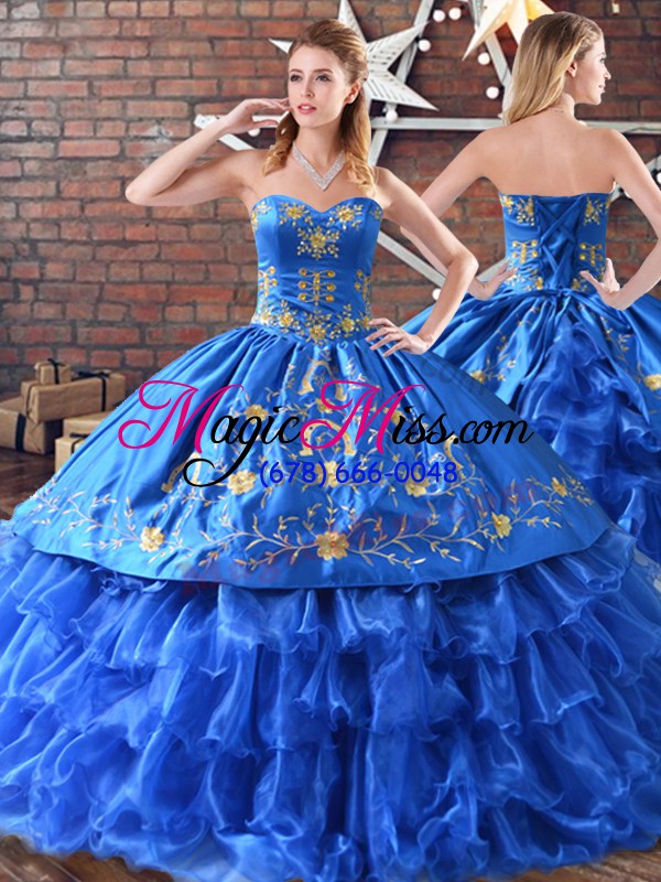 wholesale fabulous blue sweetheart lace up embroidery and ruffled layers quinceanera gowns sleeveless