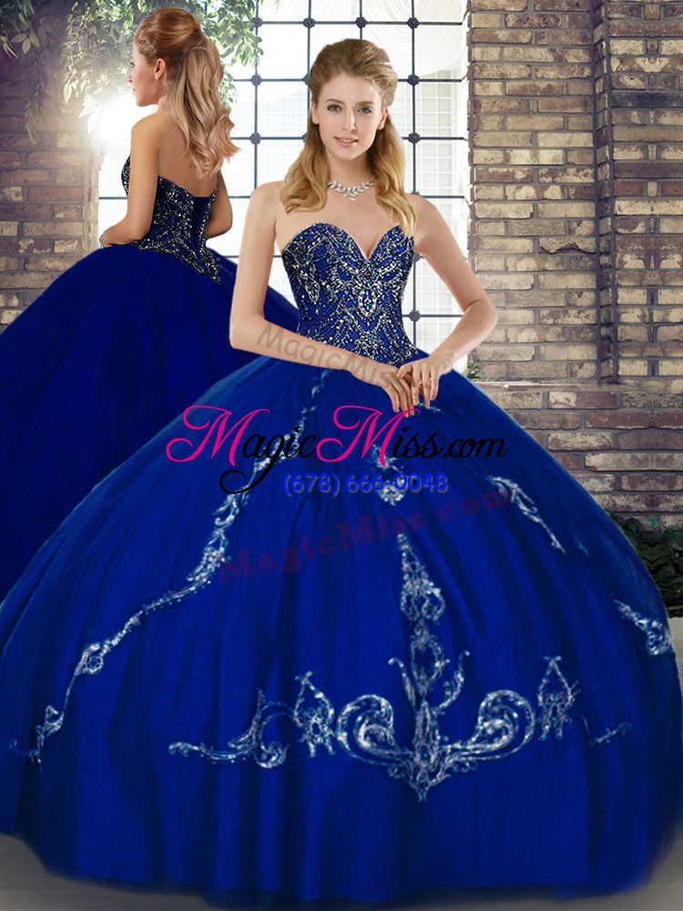 wholesale beading and embroidery 15th birthday dress royal blue lace up sleeveless floor length