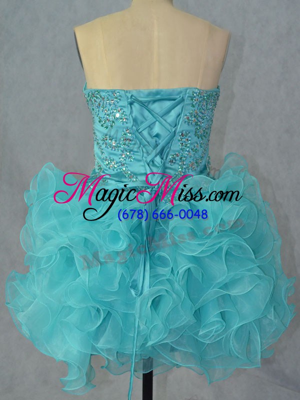 wholesale dramatic aqua blue ball gowns sweetheart sleeveless organza mini length lace up beading and ruffles prom gown