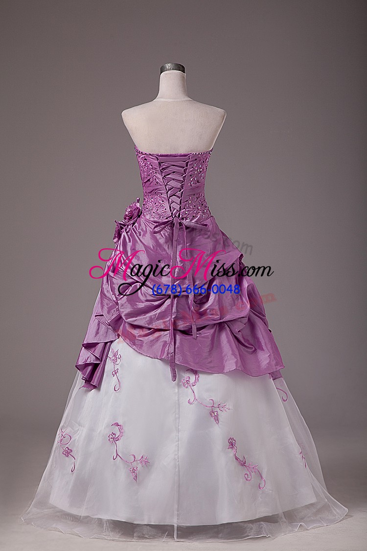 wholesale embroidery and pick ups sweet 16 quinceanera dress white and purple lace up sleeveless floor length