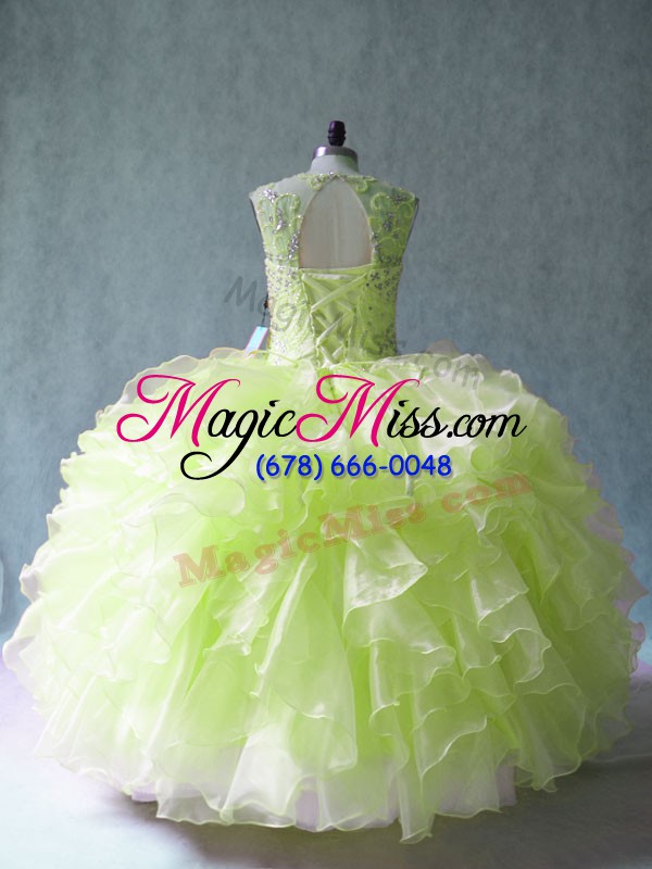 wholesale low price floor length yellow green quinceanera dress organza sleeveless beading and ruffles