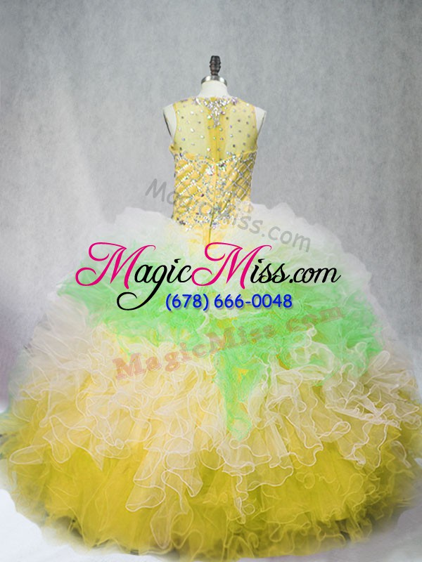 wholesale shining multi-color ball gowns scoop sleeveless tulle floor length zipper beading and ruffles quinceanera gown