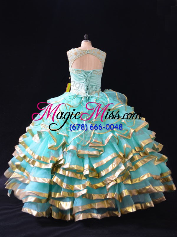 wholesale simple sleeveless floor length ruffled layers lace up sweet 16 dress with apple green