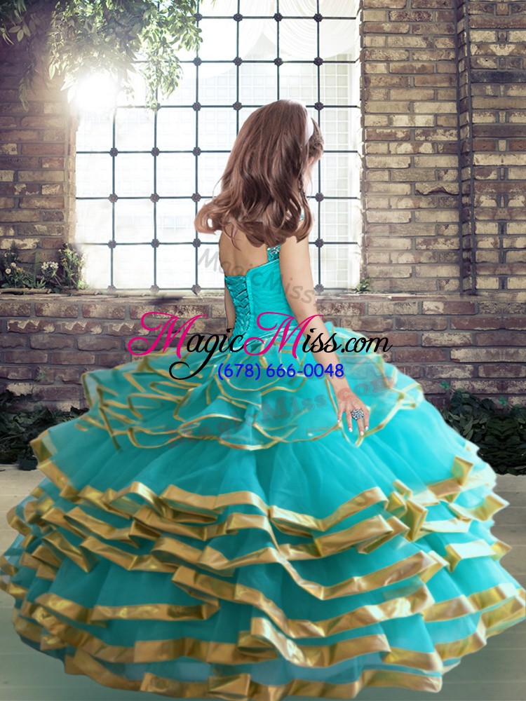 wholesale trendy asymmetrical apple green little girls pageant dress wholesale tulle sleeveless beading and ruffles
