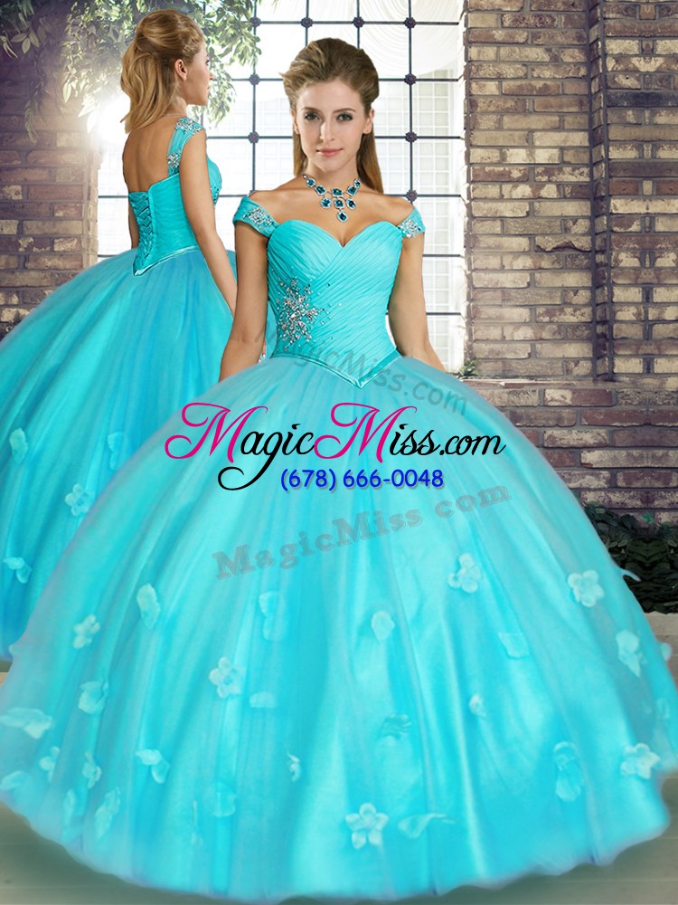 wholesale off the shoulder sleeveless 15th birthday dress floor length beading and appliques aqua blue tulle