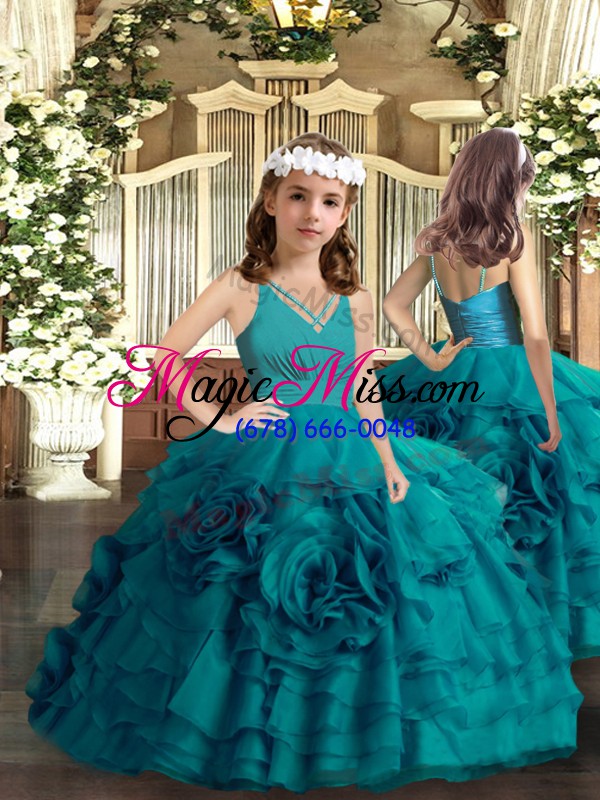 wholesale low price teal v-neck neckline ruffles quince ball gowns sleeveless backless