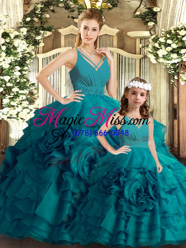wholesale low price teal v-neck neckline ruffles quince ball gowns sleeveless backless