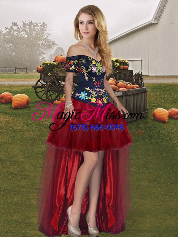 wholesale wine red off the shoulder lace up embroidery and ruffled layers 15 quinceanera dress brush train sleeveless