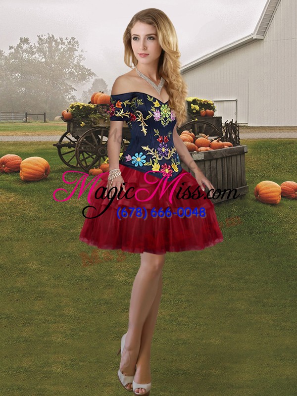 wholesale wine red off the shoulder lace up embroidery and ruffled layers 15 quinceanera dress brush train sleeveless