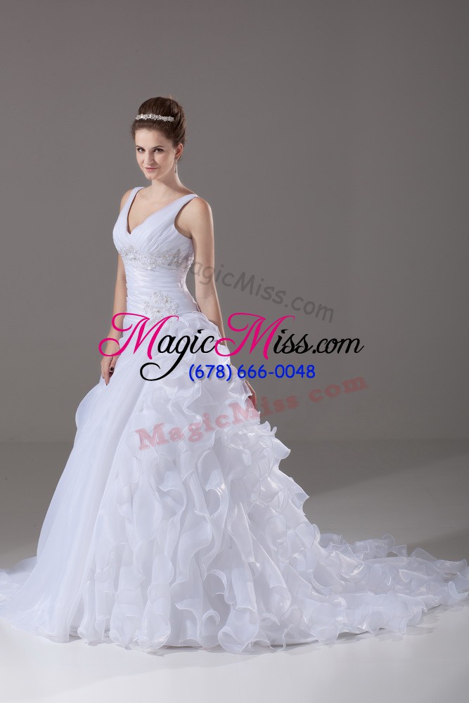 wholesale spectacular white a-line beading and ruffles wedding gown lace up organza sleeveless