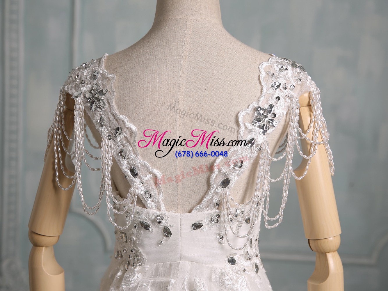 wholesale white empire v-neck cap sleeves lace brush train side zipper beading and lace wedding gown
