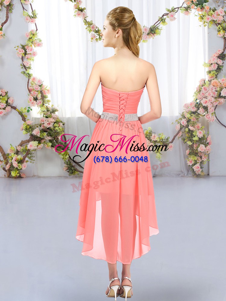 wholesale green sleeveless belt high low bridesmaid dresses