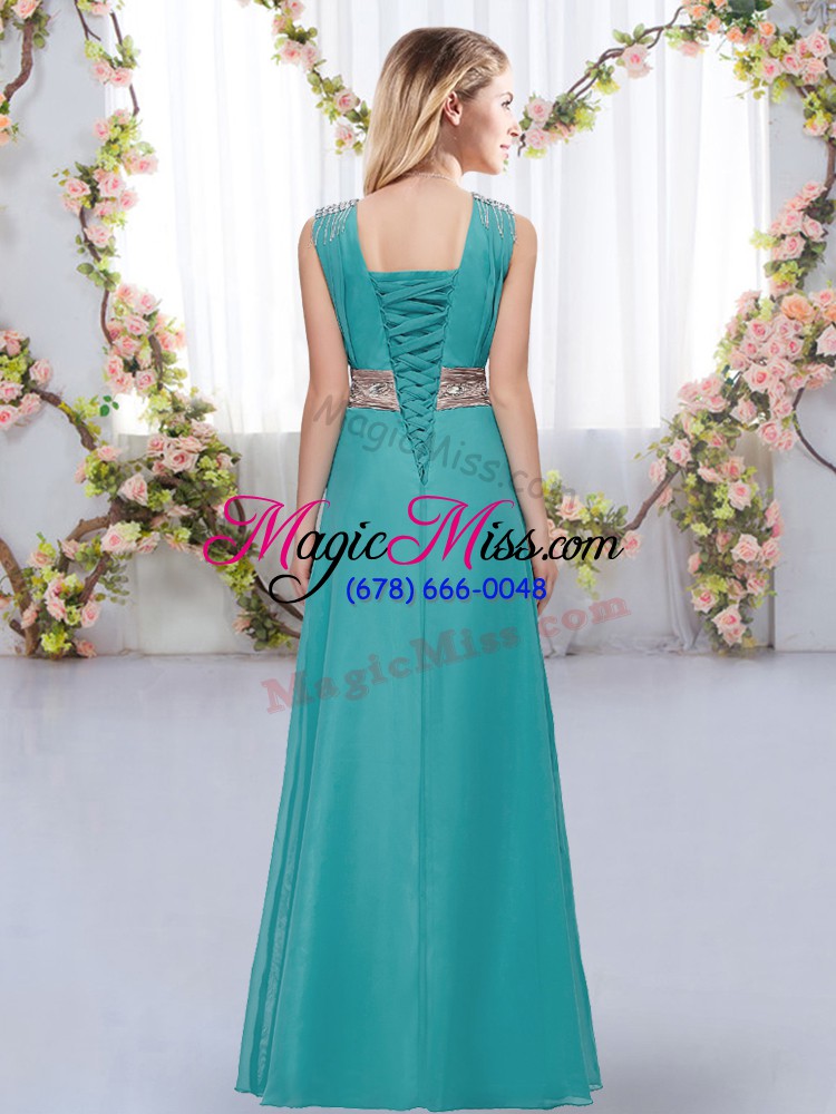 wholesale new arrival chiffon v-neck sleeveless lace up beading and belt dama dress for quinceanera in turquoise