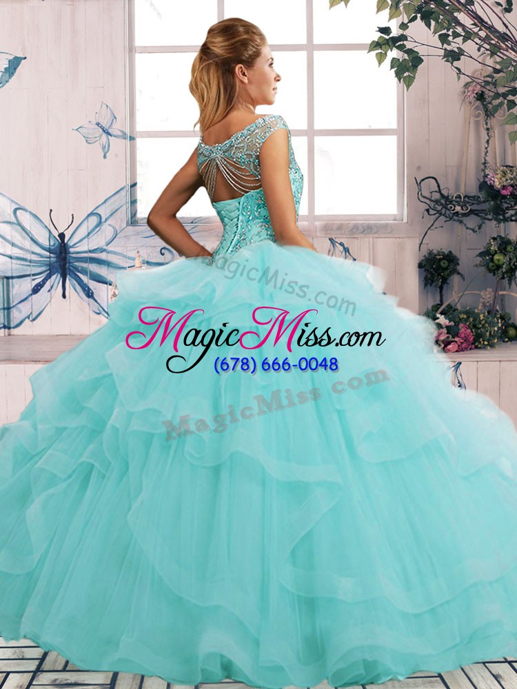 wholesale suitable beading and ruffles ball gown prom dress yellow lace up sleeveless floor length