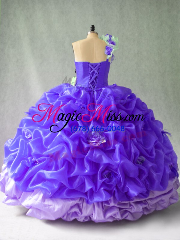 wholesale organza one shoulder sleeveless lace up pick ups and hand made flower quinceanera gown in purple