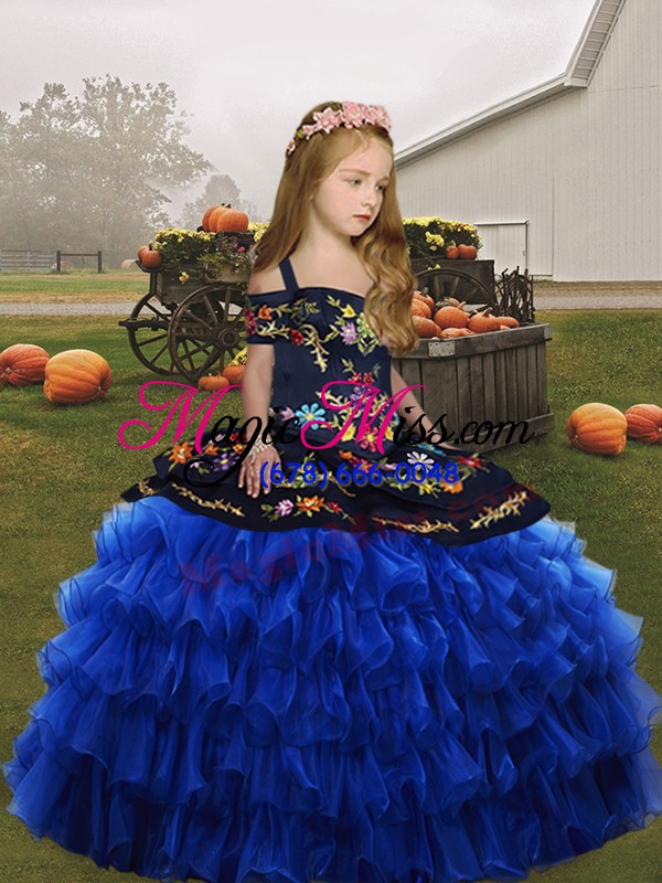wholesale straps sleeveless lace up child pageant dress royal blue organza