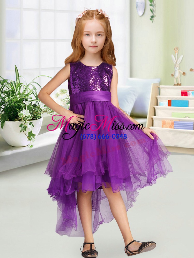 wholesale stylish purple organza zipper scoop sleeveless high low flower girl dresses for less sequins and bowknot