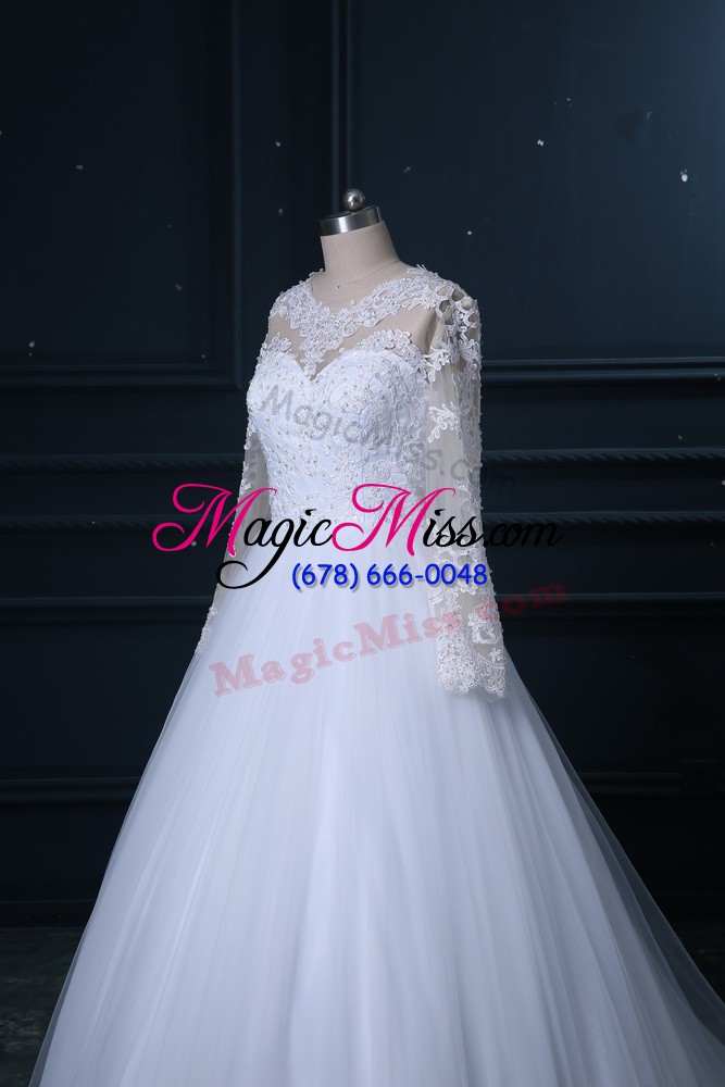 wholesale white a-line tulle scoop long sleeves lace lace up wedding dress brush train