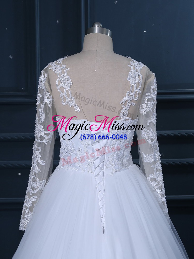 wholesale white a-line tulle scoop long sleeves lace lace up wedding dress brush train