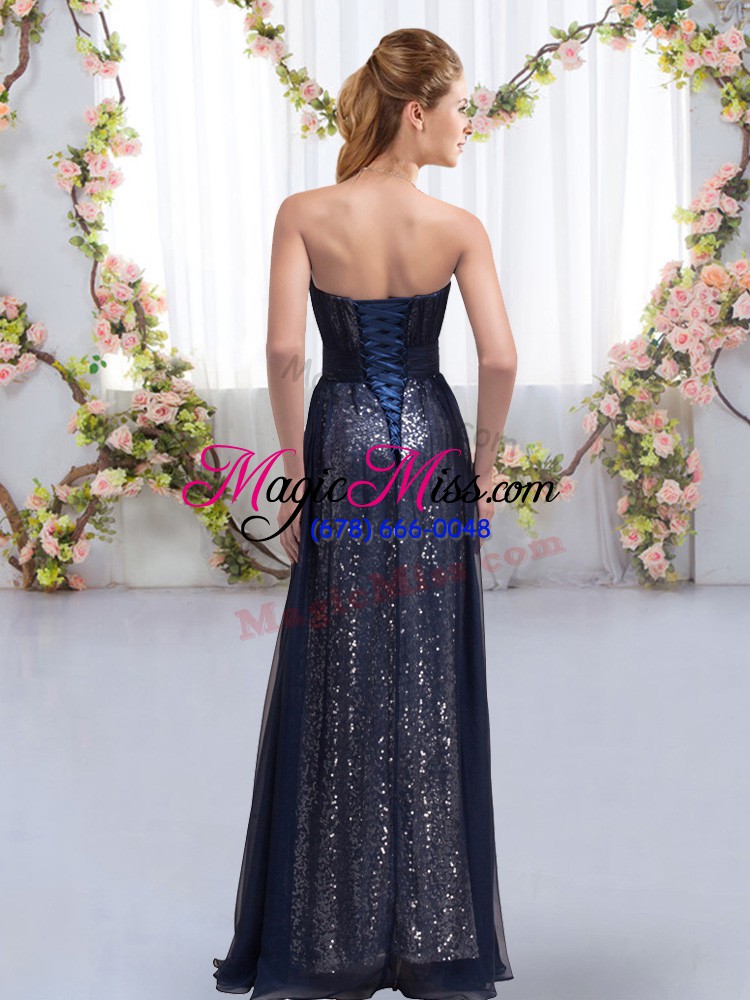 wholesale stylish empire wedding guest dresses navy blue sweetheart chiffon and sequined sleeveless floor length lace up