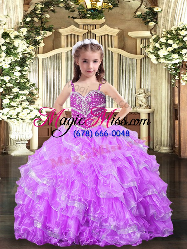 wholesale attractive lilac organza lace up kids formal wear sleeveless floor length beading and ruffles