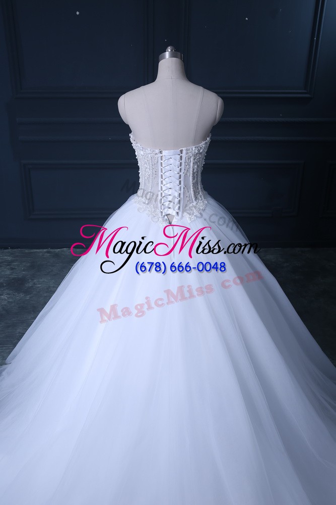 wholesale adorable white lace up sweetheart beading wedding dress tulle sleeveless brush train