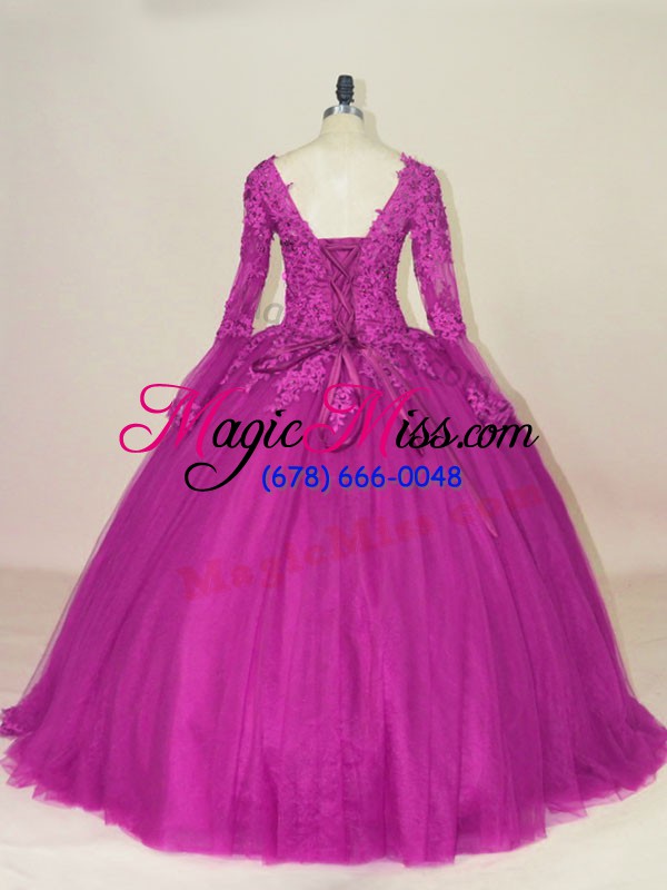 wholesale fuchsia lace up v-neck lace and appliques sweet 16 dresses tulle long sleeves