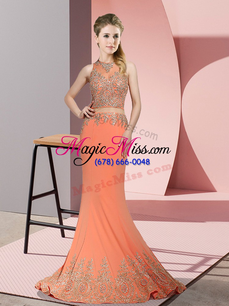wholesale mermaid sleeveless orange red dress for prom sweep train zipper