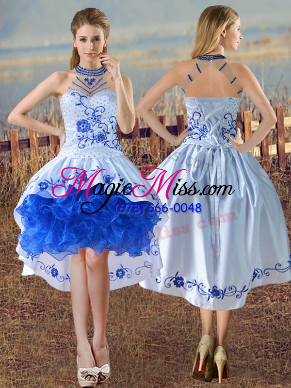 wholesale sleeveless floor length embroidery and ruffles lace up sweet 16 dress with blue and white