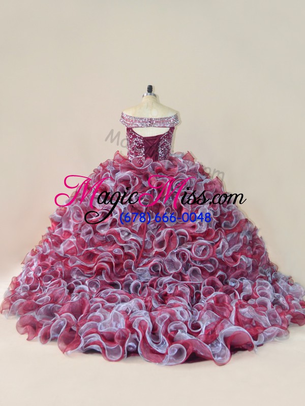 wholesale sleeveless organza court train lace up quinceanera dress in multi-color with beading and ruffles