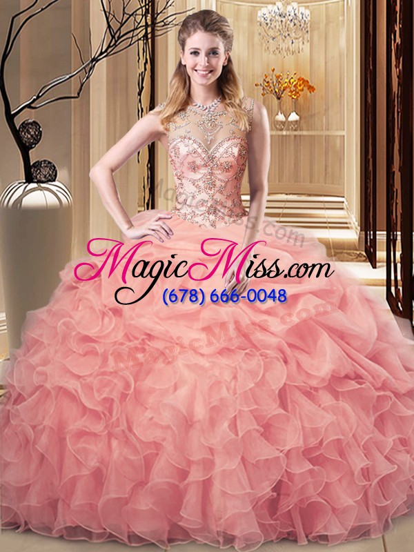 wholesale stylish peach ball gowns organza scoop sleeveless beading and ruffles and pick ups floor length lace up quinceanera dresses