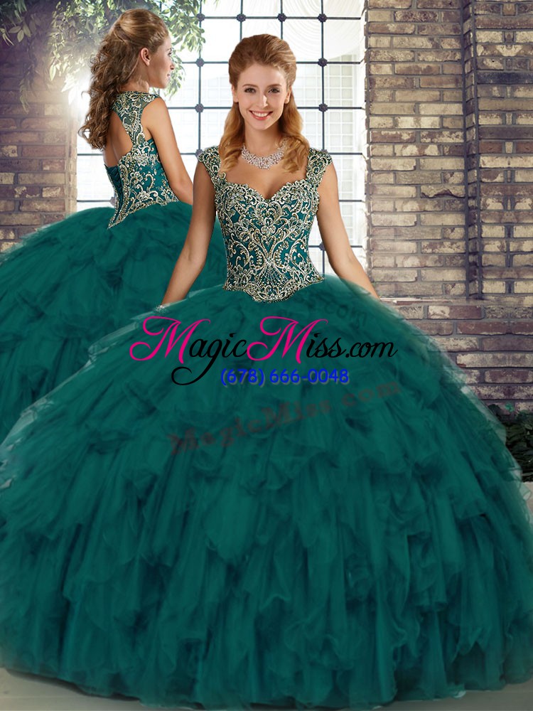 wholesale charming peacock green two pieces straps sleeveless organza floor length lace up beading and ruffles ball gown prom dress