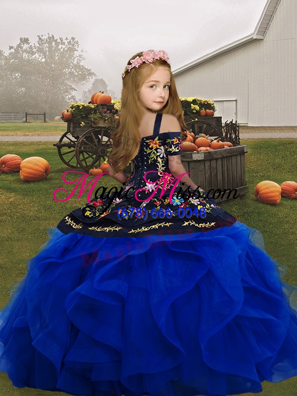 wholesale sleeveless floor length embroidery and ruffles lace up little girl pageant dress with royal blue