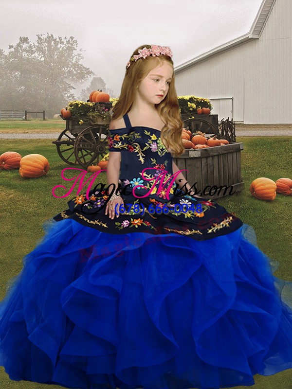 wholesale sleeveless floor length embroidery and ruffles lace up little girl pageant dress with royal blue