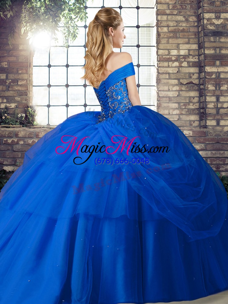wholesale low price purple ball gown prom dress military ball and sweet 16 and quinceanera with beading and pick ups off the shoulder sleeveless brush train lace up