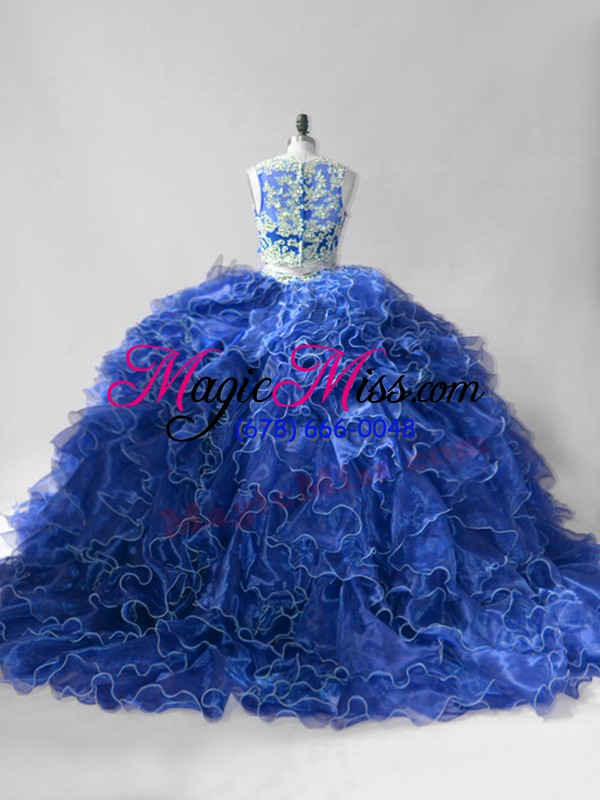 wholesale colorful organza scoop sleeveless brush train zipper beading and ruffles sweet 16 dress in blue