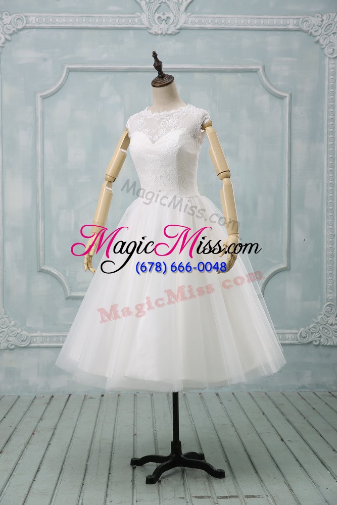 wholesale white short sleeves tea length lace and sashes ribbons clasp handle wedding dress